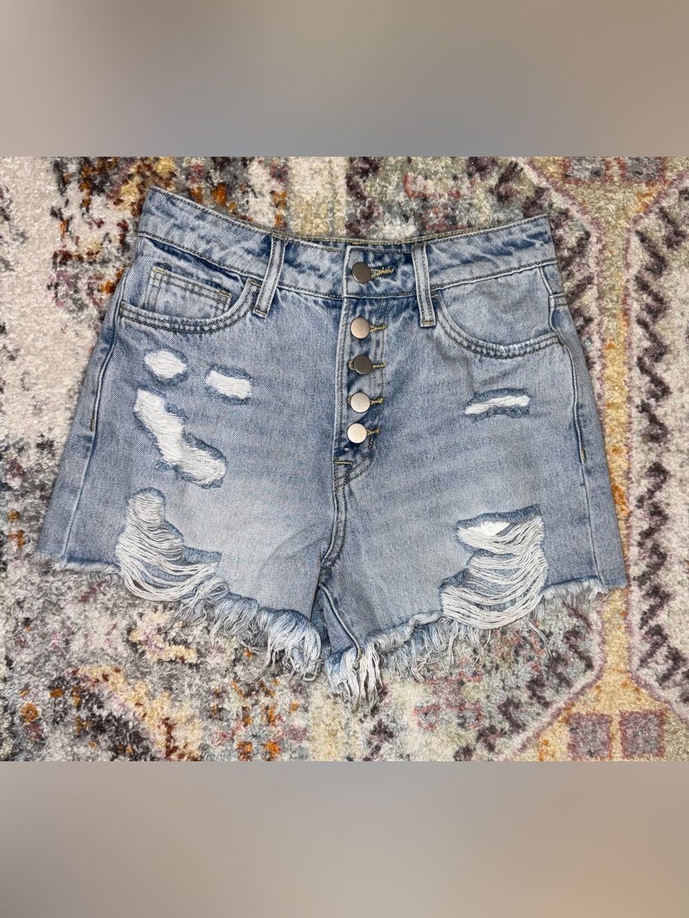 Altar'd State Light Blue Distressed Button-Front Jean Shorts